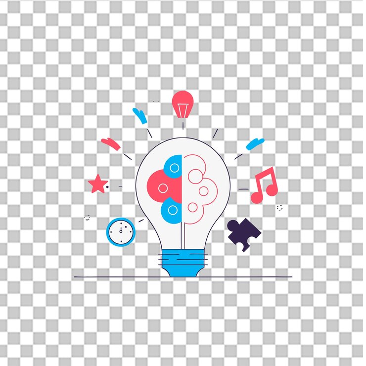 PSD ilustración del concepto de creatividad con una bombilla, ideas coloridas e innovación