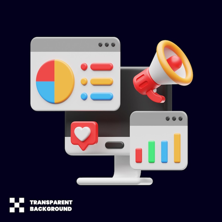 PSD ilustración del concepto de marketing digital con monitor de megáfono y gráficos en renderizado 3d minimalista