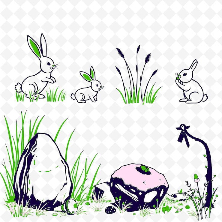PSD ilustración conejitos hierba alta piedras antiguas silbidos encantados bun colorear creativo naturaleza setn