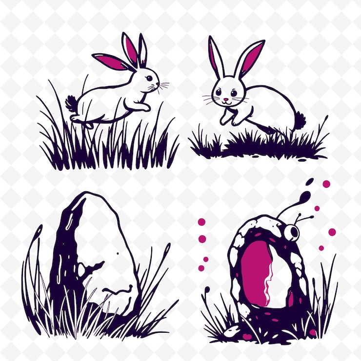 PSD ilustración conejitos hierba alta piedras antiguas silbidos encantados bun colorear creativo naturaleza setn
