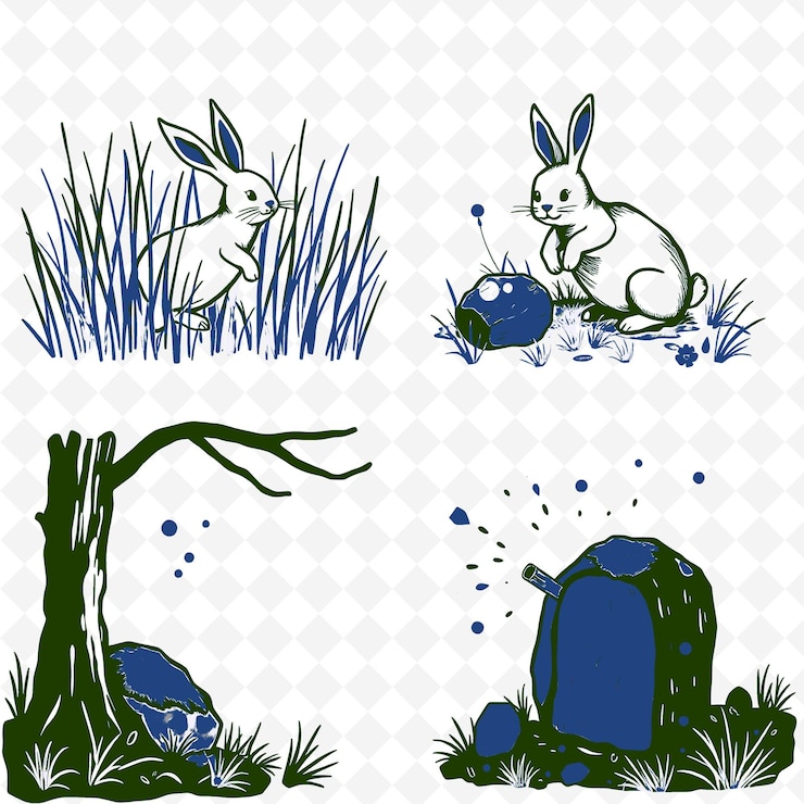 PSD ilustración conejitos hierba alta piedras antiguas silbidos encantados bun colorear creativo naturaleza setn