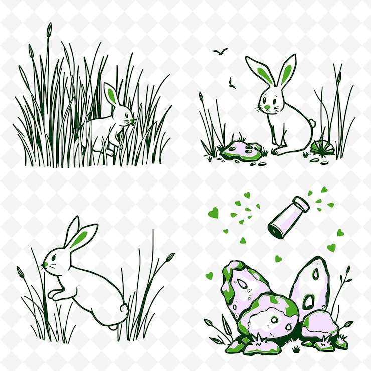 PSD ilustración conejitos hierba alta piedras antiguas silbidos encantados bun colorear creativo naturaleza setn