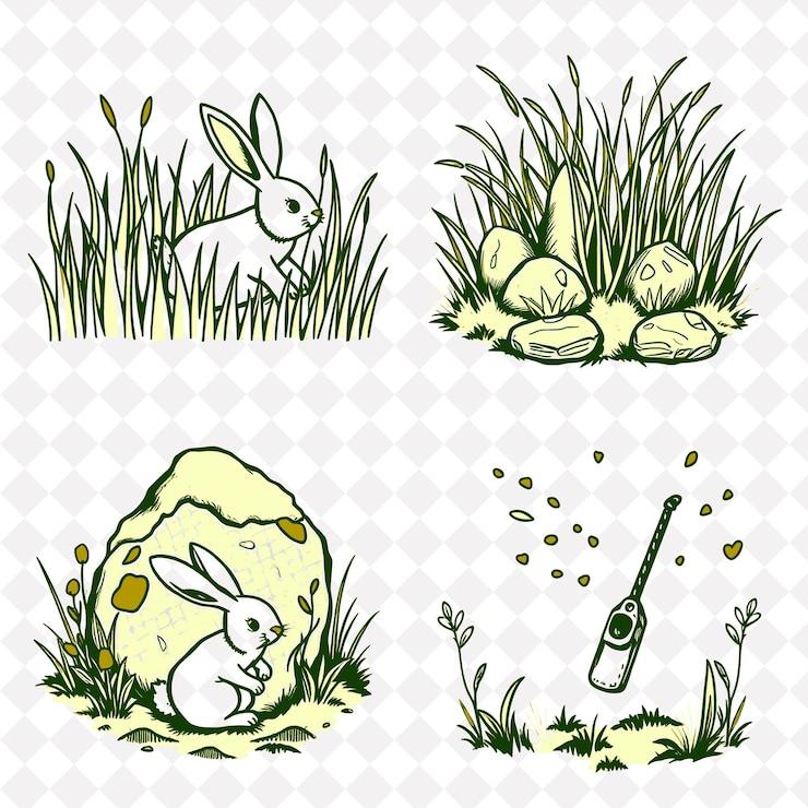 PSD ilustración conejos hierba alta piedras antiguas silbidos encantados conejos saltando a través de la hierba alta