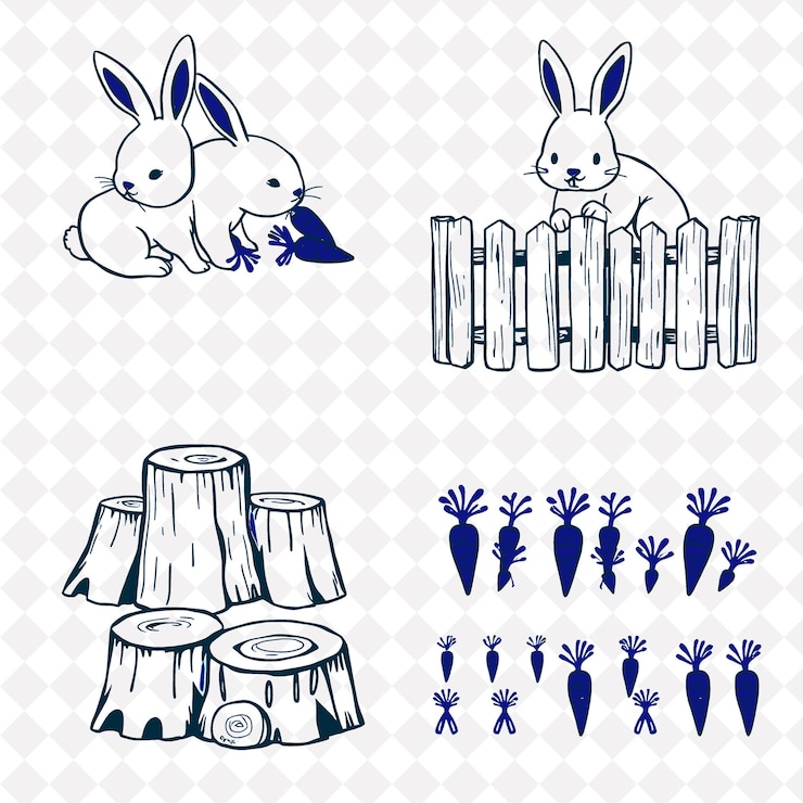 PSD ilustración conejos zanahorias cercas de madera troncos de árboles conejos suaves mordisqueando zanahorias una w rústica