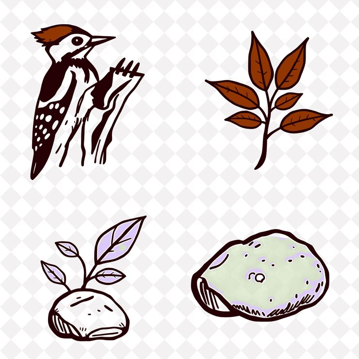 PSD ilustración la corteza del pájaro carpintero deja piedras de musgo un pájarocarpintero golpeando rítmicamente la corteza rompiendo a