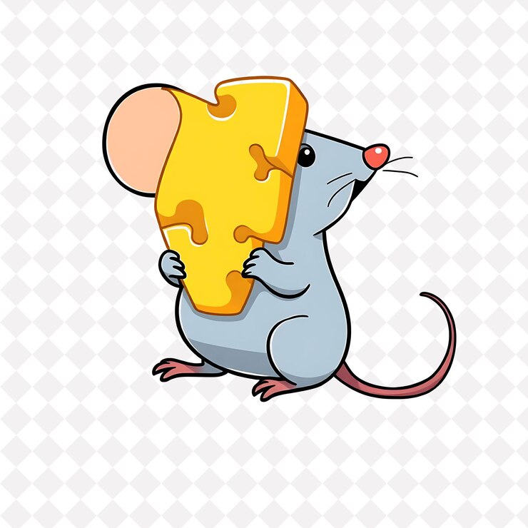 PSD ilustración delicioso ratón con queso cuña formas dispuestas como un rompecabezas apetitoso cu amarillo