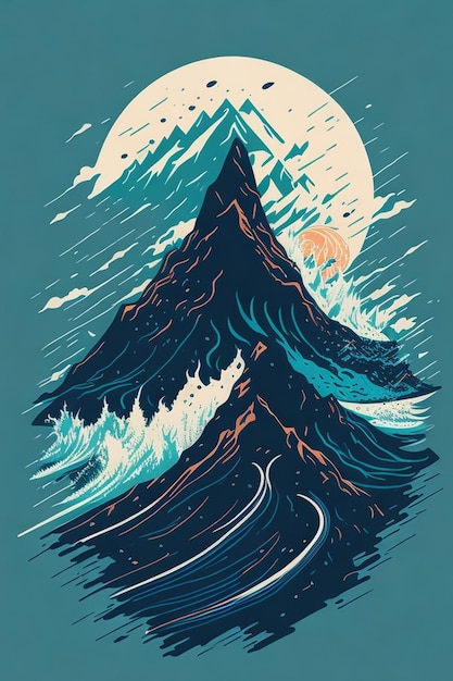 PSD ilustración detallada montaña en el mar gran chapoteo camiseta diseño gráfico pegatina cartel