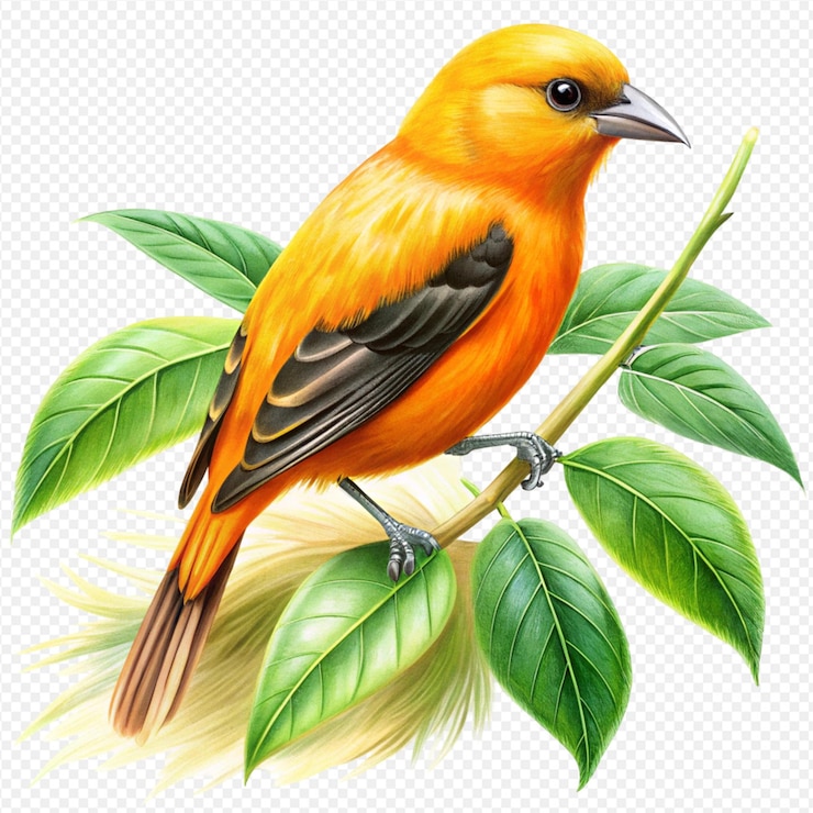 PSD ilustración detallada del pájaro tanager naranja vibrante encaramado en una rama