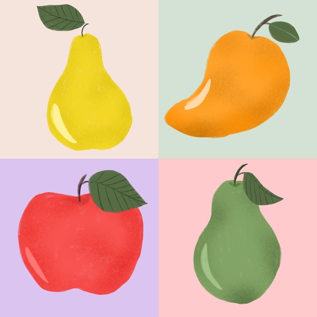 Ilustración dibujada a mano de una colección de varias frutas como la pera, la manzana, el aguacate y el mango