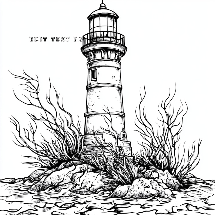 PSD ilustración dibujada a mano de un faro en una orilla rocosa con arbustos desgastados