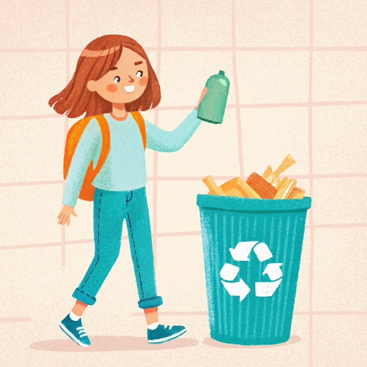 Ilustración dibujada a mano de una niña que clasifica la basura y se preocupa por el medio ambiente