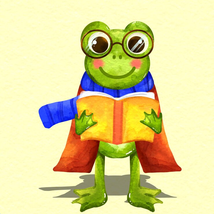 PSD ilustración dibujada a mano de un personaje de superhéroe rana leyendo un libro