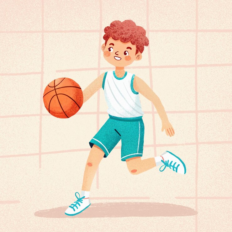 Ilustración dibujada a mano de un tipo jugando al baloncesto