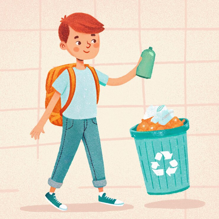 Ilustración dibujada a mano de un tipo que clasifica la basura y se preocupa por el medio ambiente