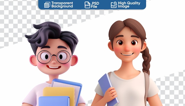 Ilustración de dibujos animados en 3d de estudiantes universitarios retrato en primer plano de un niño y una niña