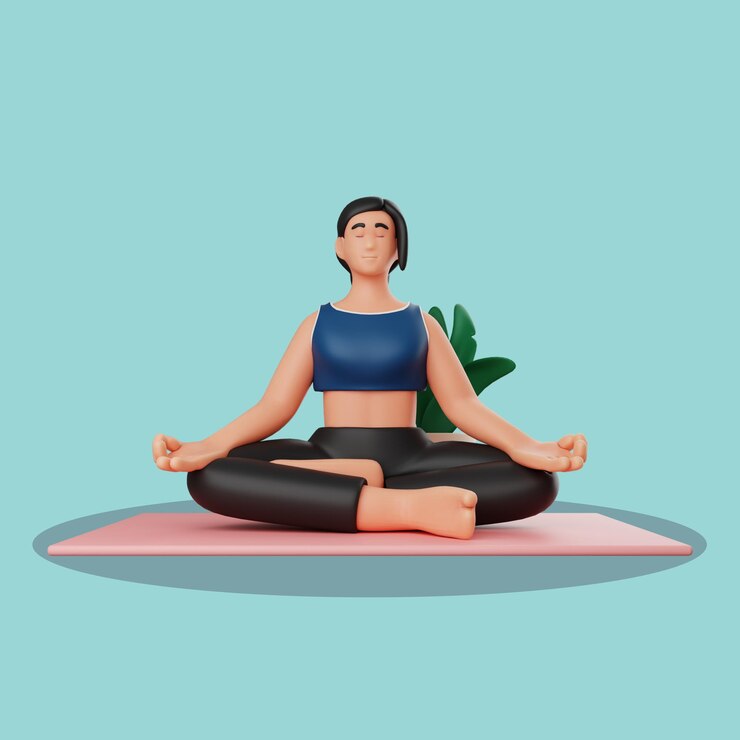 PSD ilustración de dibujos animados en 3d de una mujer meditando en posición de loto