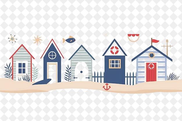una ilustración de dibujos animados de una casa de playa con un letrero que dice "cita pequeña azul"