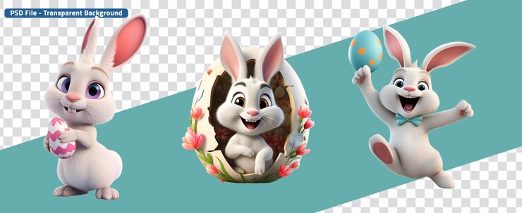 PSD ilustración de dibujos animados de conejo 3d renderizado conjunto de conejo de pascua con huevo.