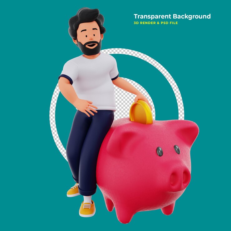 Ilustración de dibujos animados masculinos en 3D con un gran ahorro de cerdo