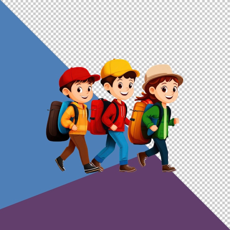 PSD ilustración de dibujos animados de niños felices en una aventura de senderismo