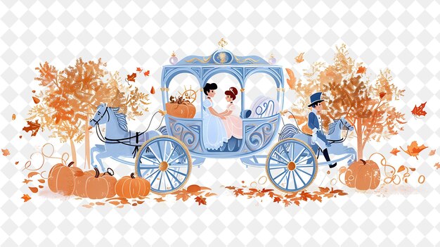 una ilustración de dibujos animados de una pareja montando un carruaje tirado por caballos con una calabaza y una calabazas