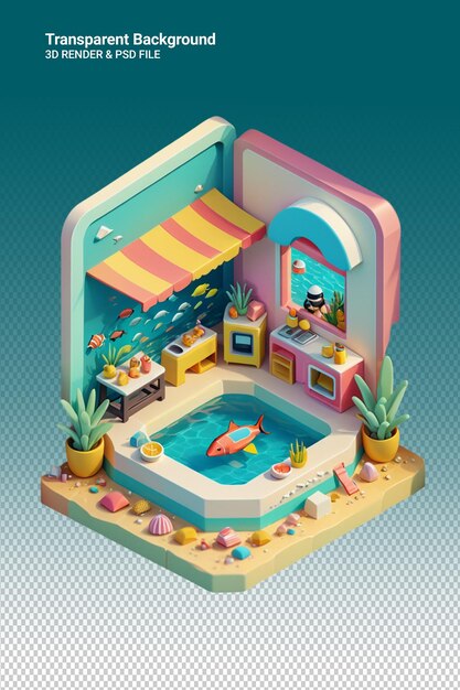 PSD una ilustración de dibujos animados de una piscina con una mesa y sillas y una piscina