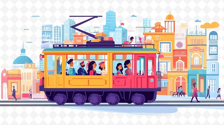 PSD una ilustración de dibujos animados de un tranvía colorido con personas montando en las vías