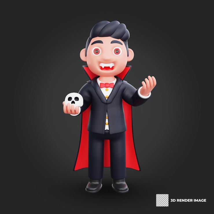 PSD ilustración de diseño aterrador de vampiro de halloween de personaje lindo 3d