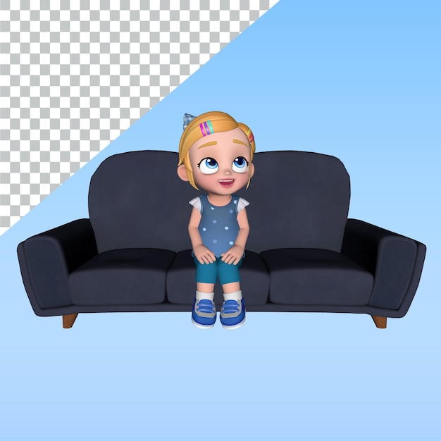 Ilustración de diseño de biblioteca en 3D del personaje de la chica sentada en el sofá