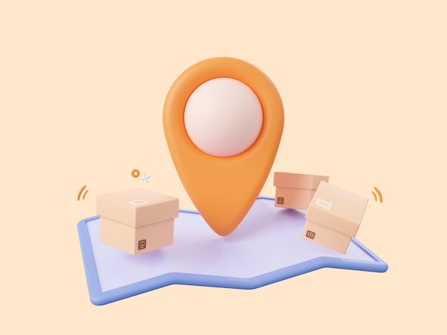 Ilustración de diseño de dibujos animados en 3D de compras en línea y servicio de entrega Pin con cajas de paquetes en el mapa