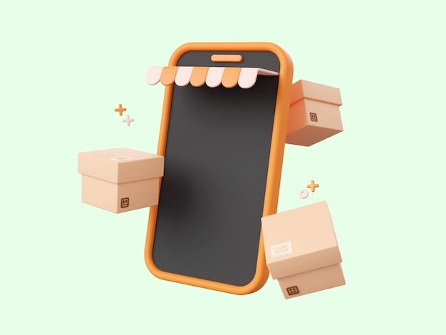 PSD ilustración de diseño de dibujos animados en 3d de smartphone con cajas de paquetes compras en línea en concepto móvil