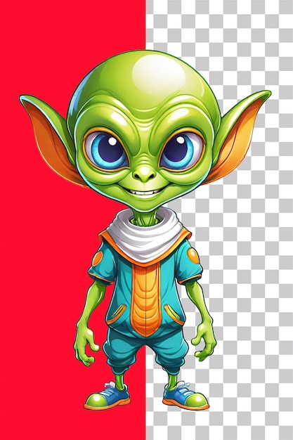 Ilustración de diseño de estilo de dibujo animado alienígena verde en un fondo transparente