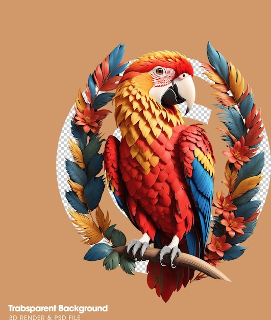 PSD ilustración divertida de dibujos animados en 3d de un pájaro loro colorido