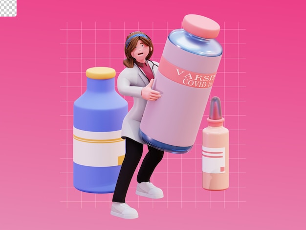 Ilustración de doctora de personaje 3d con medicina