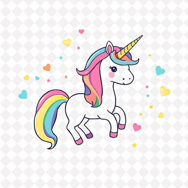 Ilustración Dulce unicornio con formas de arco iris esparcidas como magia hipnotizante color pastel Desi
