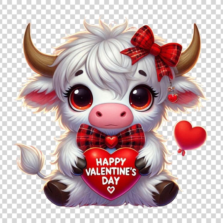 Ilustración de la dulce vaca de las tierras altas del día de San Valentín sosteniendo un corazón