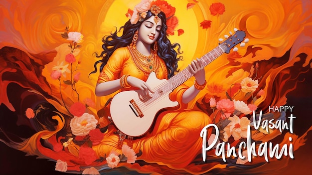 PSD ilustración editable de la diosa de la sabiduría saraswati para el festival de vasant panchami india