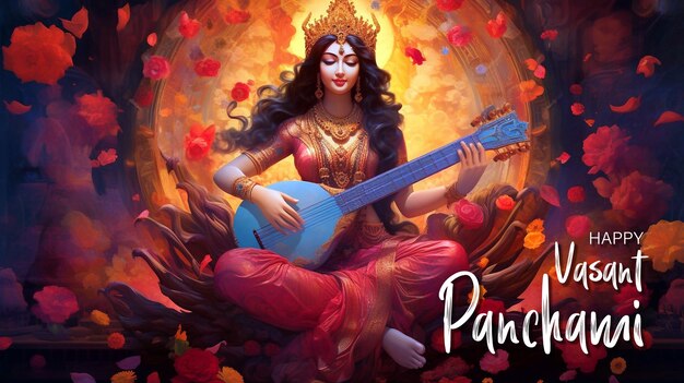 Ilustración editable de la diosa de la sabiduría saraswati para el festival de vasant panchami india