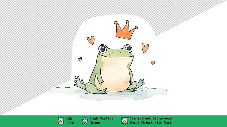 PSD ilustración encantadora dibujada a mano de una rana coronada con corazones