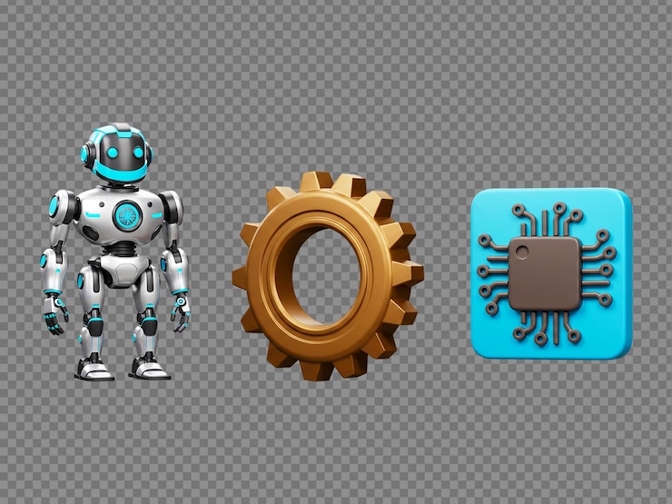 PSD ilustración de equipo robótico y chip sobre el tema de la tecnología de fondo transparente