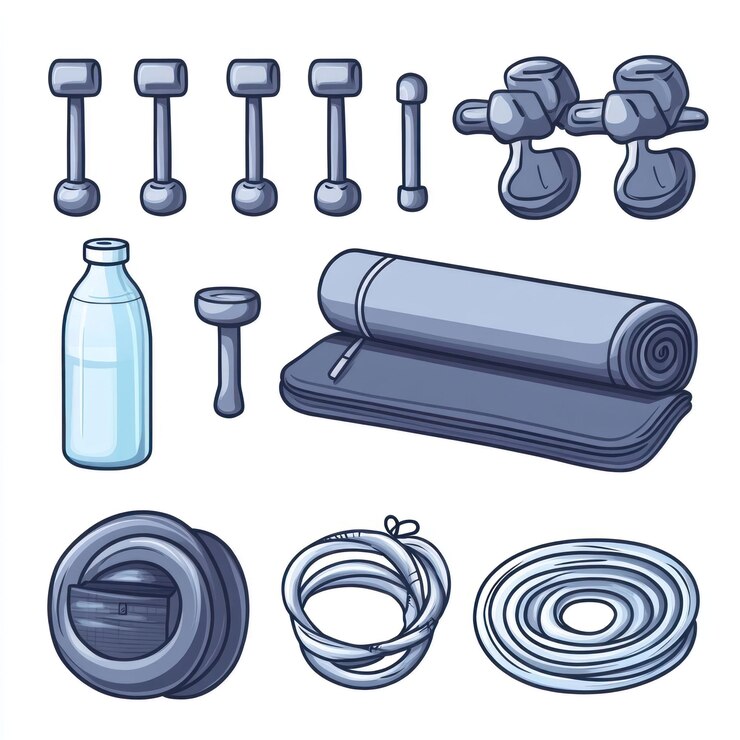 PSD ilustración de equipos de acondicionamiento físico pesas esteras de yoga alfombra botella de agua salto de cuerda bandas de resistencia