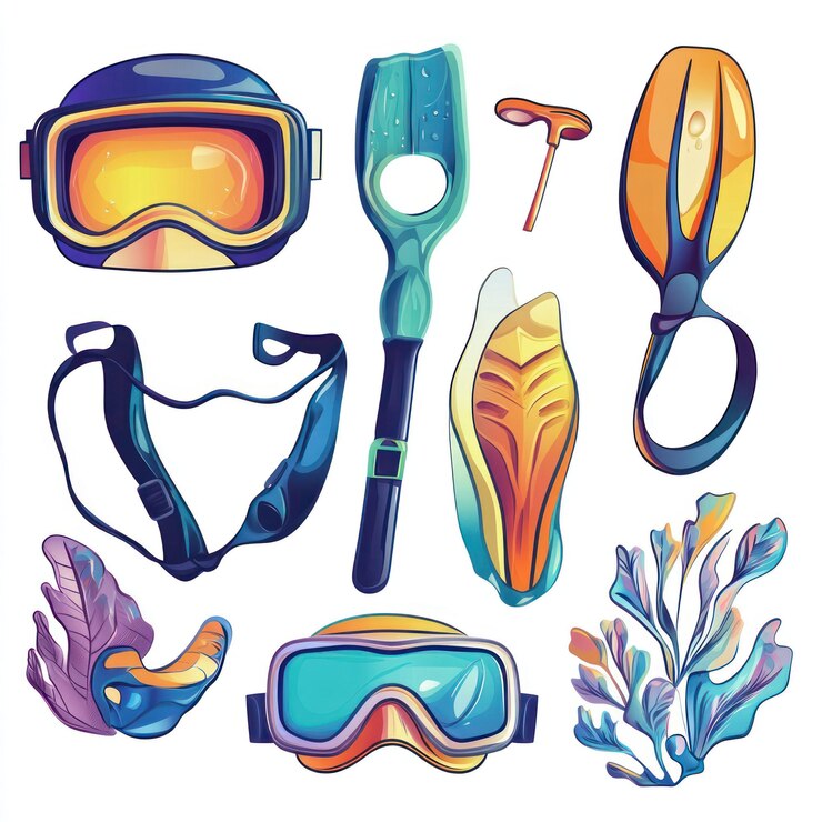 PSD ilustración de equipos de buceo y plantas submarinas