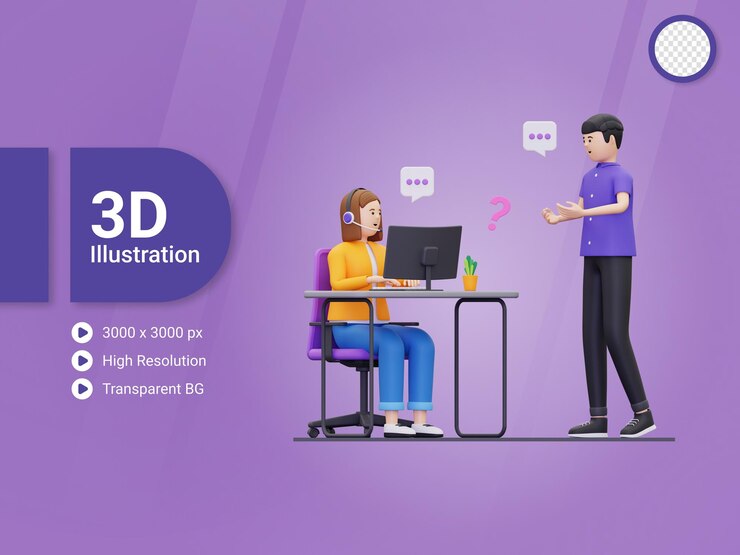 PSD ilustración de escritorio de atención al cliente 3d