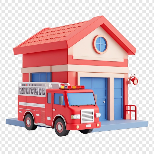 Ilustración de la estación de bomberos con un camión de bomberos de estilo dibujos animados colorido y lúdico