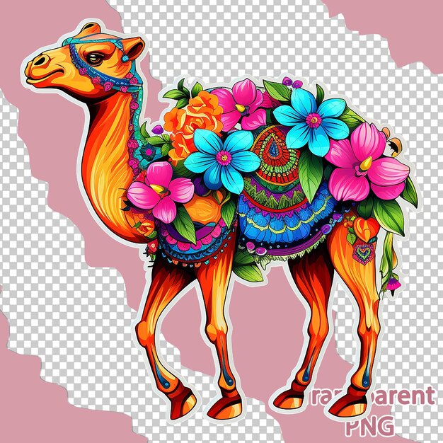 PSD ilustración estética de un camello floral en un fondo transparente de arte vectorial colorido