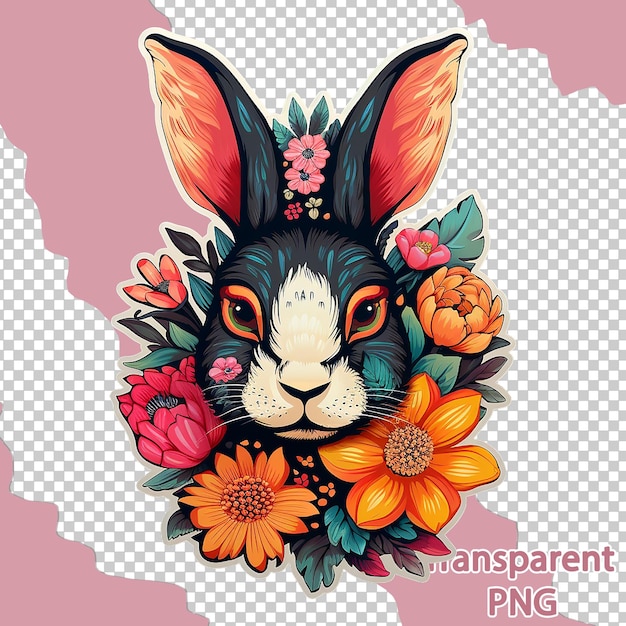 PSD ilustración estética de un conejo floral en un fondo transparente de arte vectorial colorido