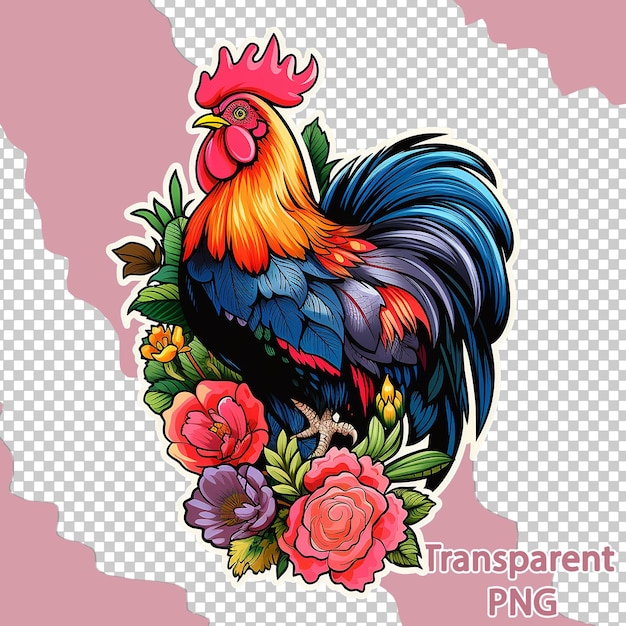 PSD ilustración estética de gallo floral en un fondo transparente de arte vectorial colorido