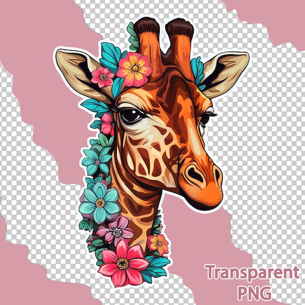 PSD ilustración estética de jirafa floral en un fondo transparente de arte vectorial colorido