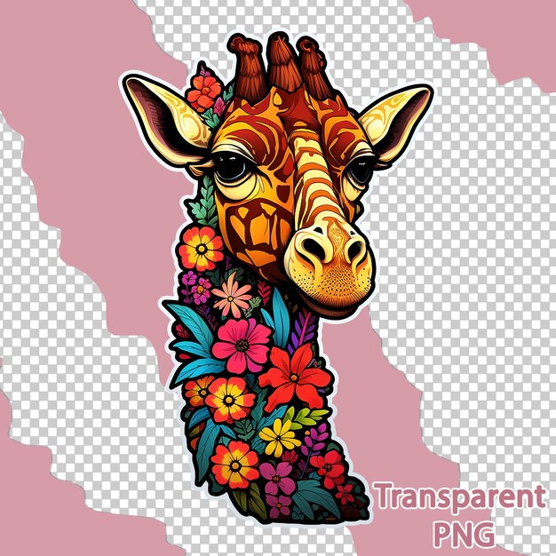 PSD ilustración estética de jirafa floral en un fondo transparente de arte vectorial colorido