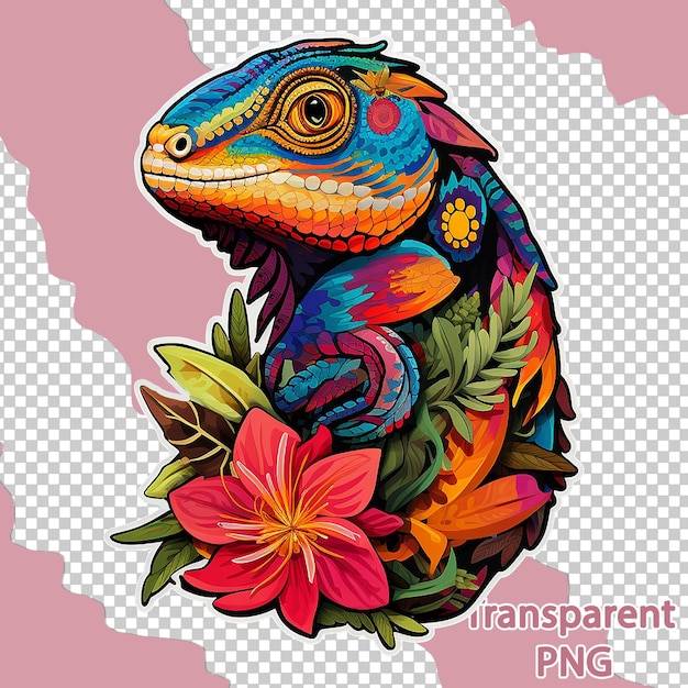 PSD ilustración estética de lagarto floral en un fondo transparente de arte vectorial colorido